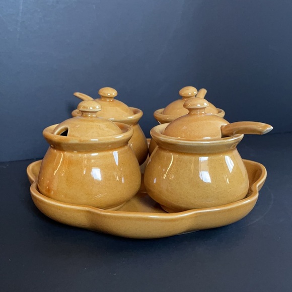 Vintage Ceramic Condiment Salsa Set Tray Jars Spoons - Picture 3 of 15